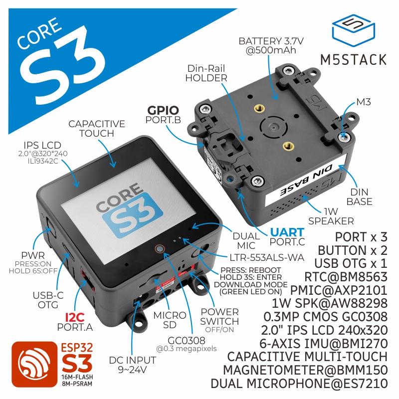 M5Stack Core2 - M5Stack Oficial ESP32-S3 Câmera IPS Touch